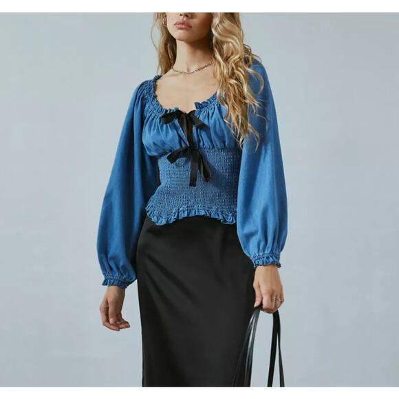 Urban Outfitters Kimchi Blue Marley Bow Front Long Sleeve Denim Blouse - Picture 2 of 11